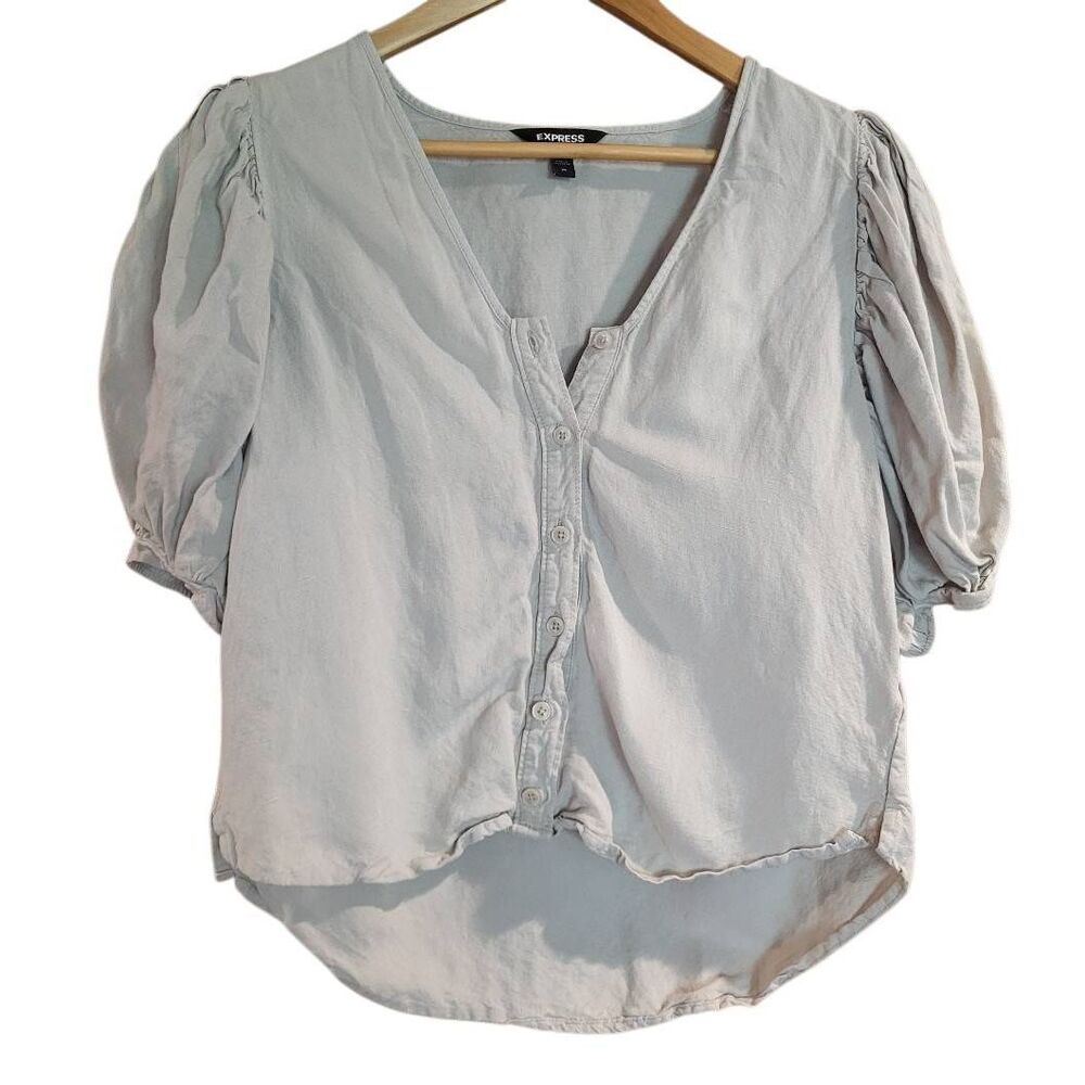 Express Blouse Women's XS Beige Puff Sleeve Button Down Linen Cottagecore Boho